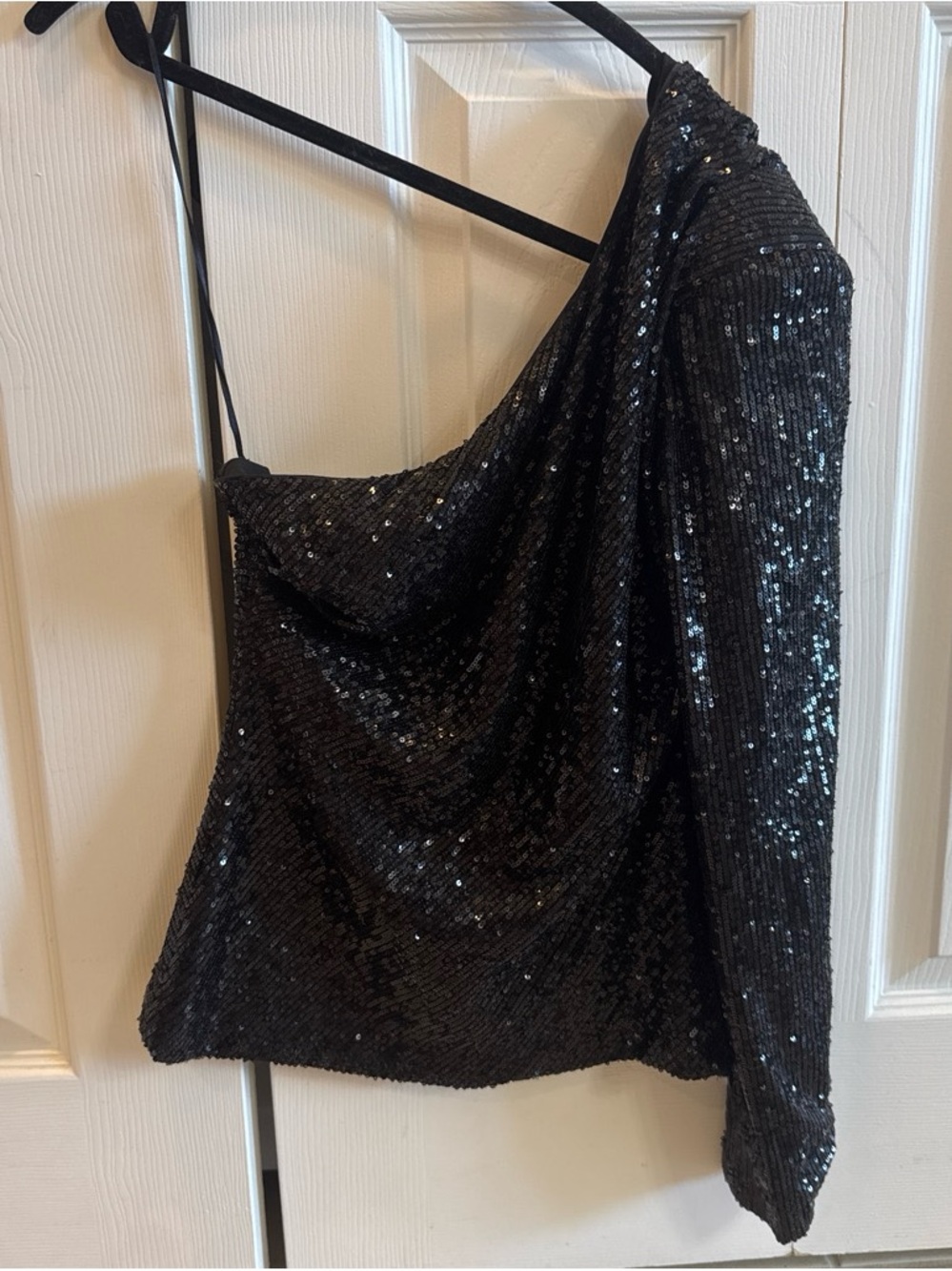 Trina Turk Black Sequin One-Shoulder Top